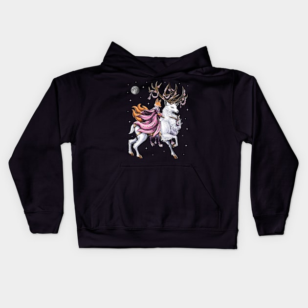 Japanese Kitsune Fox Riding Cherry Blossom Deer Kids Hoodie by underheaven